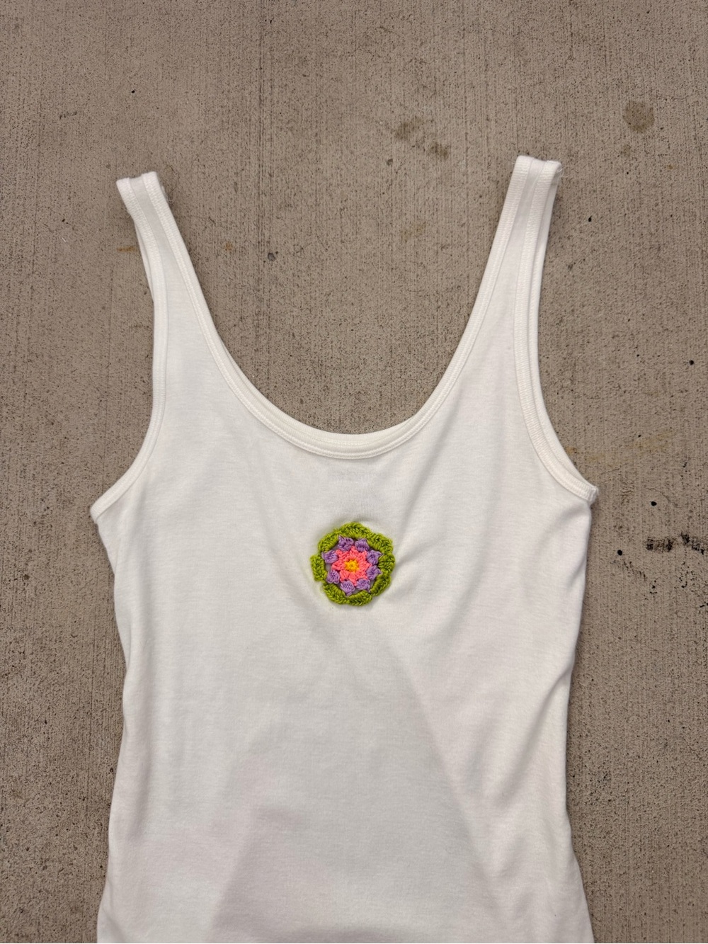 White Tank Top with Pink & Green Crochet Flower